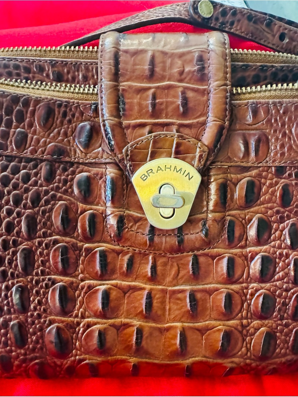 Brahmin Cognac Croc-Embossed Leather Shoulder Bag with Gold Hardware